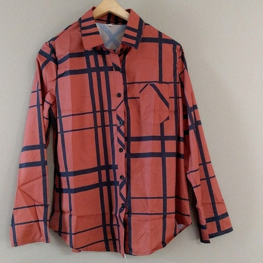 NEW Long Sleeve V-Neck Stripes Plaid Casual Blouses Pocket Button Down Shirt - Picture 4 of 9